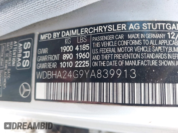 2000 Mercedes-Benz C 230 Kompressor with VIN WDBHA24G9YA839913, listed as a IAAI auction lot 42590185 with 156,248 mi miles and . Bid and sale history available at DreamBid. Image 9.