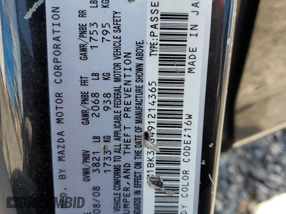 2009 Mazda Mazda3 i Touring Value with VIN JM1BK32G491214365, listed as a Copart auction lot 54385935 with 172,953 mi miles and Salvage Title. Bid and sale history available at carsss.com. Image 12.