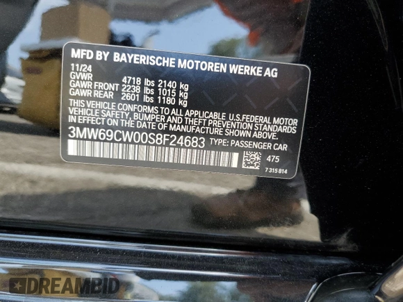 2025 BMW 3 Series 330i with VIN 3MW69CW00S8F24683, listed as a Copart auction lot 62086865 with 5,126 mi miles and Salvage title. Bid and sale history available at DreamBid. Image 12.