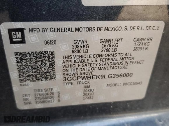 2020 Chevrolet Silverado 1500 Custom with VIN 3GCPWBEK9LG356000, listed as a Copart auction lot 44946305 with 0 mi miles and Salvage Title. Bid and sale history available at carsss.com. Image 12.