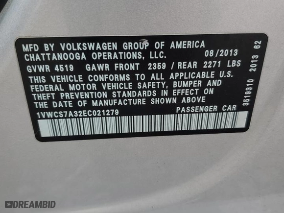 2014 Volkswagen Passat SEL Premium with VIN 1VWCS7A32EC021279, listed as a Copart auction lot 85785544 with 66,829 mi miles and Salvage Title. Bid and sale history available at carsss.com. Image 13.