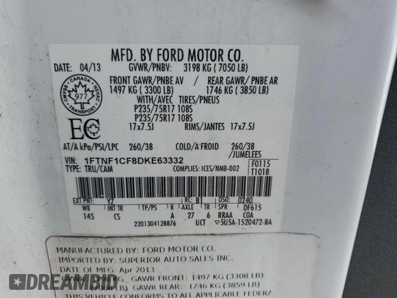2013 Ford F-150 XL with VIN 1FTNF1CF8DKE63332, listed as a Copart auction lot 50659725 with 177,681 mi miles and Salvage Title. Bid and sale history available at carsss.com. Image 12.