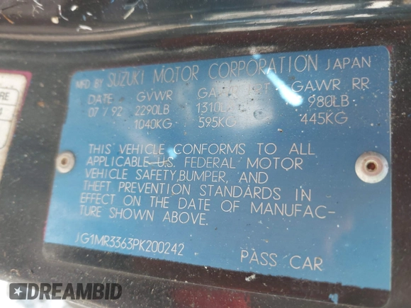 1993 Geo Metro z VIN JG1MR3363PK200242, wystawiony jako IAAI lot #42173417 z przebiegiem 151 862 mil mil oraz . Historia ofert i sprzedaży dostępna na DreamBid. Obrazek 9.