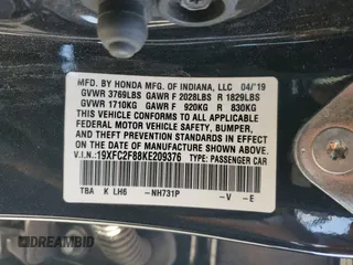 2019 Honda Civic Sport with VIN 19XFC2F88KE209376, listed as a Copart auction lot 58844515 with 82,057 mi miles and Clean title. Bid and sale history available at DreamBid. Image 12.