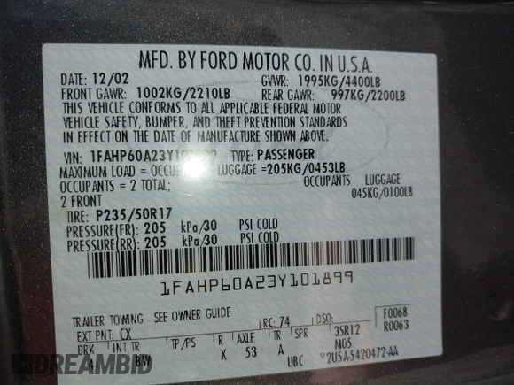 2003 Ford Thunderbird Deluxe z VIN 1FAHP60A23Y101899, wystawiony jako IAAI lot #41805269 z przebiegiem Nie podano mil oraz . Historia ofert i sprzedaży dostępna na DreamBid. Obrazek 9.
