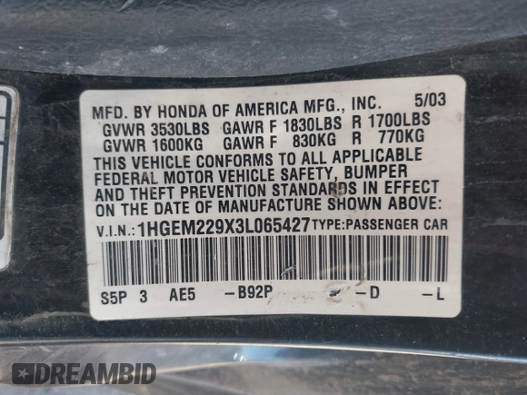 2003 Honda Civic EX with VIN 1HGEM229X3L065427, listed as a IAAI auction lot 42168594 with 164,547 mi miles and . Bid and sale history available at DreamBid. Image 9.