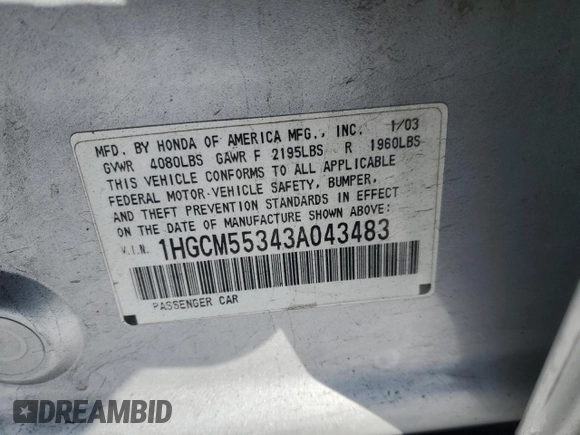 2003 Honda Accord LX z VIN 1HGCM55343A043483, wystawiony jako Copart lot #44554955 z przebiegiem 247 119 mil mil oraz Szkoda całkowita • Salvage title. Historia ofert i sprzedaży dostępna na DreamBid. Obrazek 14.
