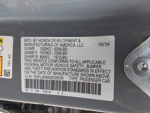 2025 Honda Civic Sport Touring z VIN 19XFL4H94SE000539, wystawiony jako IAAI lot #41777545 z przebiegiem 7 128 mil mil oraz . Historia ofert i sprzedaży dostępna na DreamBid. Obrazek 9.