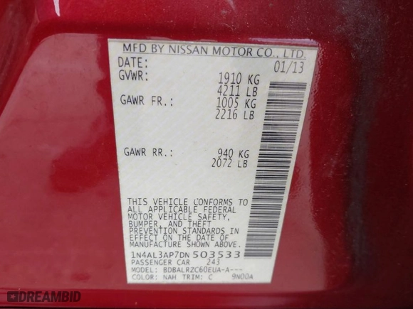 2013 Nissan Altima 2.5 SL with VIN 1N4AL3AP7DN503533, listed as a IAAI auction lot 41306773 with 94,899 mi miles. Bid and sale history available at carsss.com. Image 9.