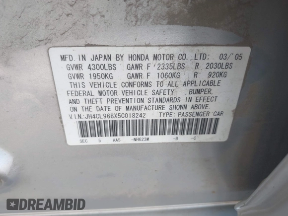 2005 Acura TSX с VIN JH4CL968X5C018242, выставлен на аукционе IAAI как лот 42507966 с пробегом 257 938 миль миль и . История ставок и продаж доступна на DreamBid. Изображение 9.