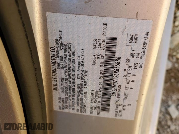 2006 Mercury Milan with VIN 3MEHM07126R655886, listed as a Copart auction lot 82015354 with 128,341 mi miles and Salvage title. Bid and sale history available at DreamBid. Image 12.