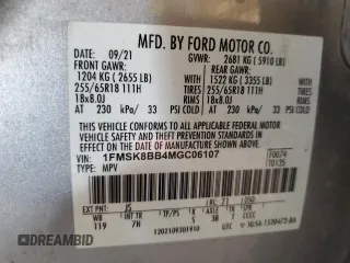 2021 Ford Explorer с VIN 1FMSK8BB4MGC06107, выставлен на аукционе Copart как лот 62816115 с пробегом 42 445 миль миль и Списание • Salvage title. История ставок и продаж доступна на DreamBid. Изображение 13.