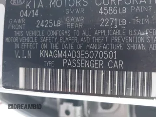 2014 Kia Optima LX with VIN KNAGM4AD3E5070501, listed as a IAAI auction lot 38764893 with 69,738 mi miles and . Bid and sale history available at DreamBid. Image 9.