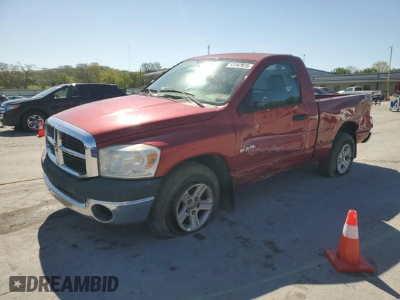2008 Dodge 1500 ST with VIN 1D7HA16K08J213329, listed as a Copart auction lot 53147975 with 48,987 mi miles and Salvage Title. Bid and sale history available at DreamBid. Image 1.