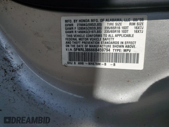 2006 Honda Odyssey EX-L with VIN 5FNRL38666B459794, listed as a Copart auction lot 46605245 with 106,623 mi miles and Salvage Title. Bid and sale history available at carsss.com. Image 13.