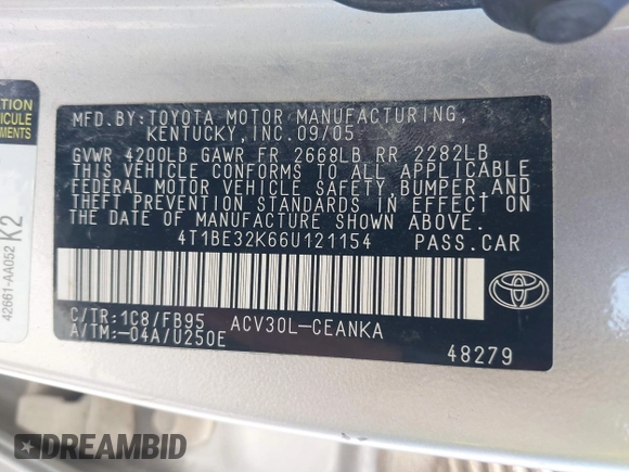 2006 Toyota Camry STD with VIN 4T1BE32K66U121154, listed as a IAAI auction lot 42472191 with 290,567 mi miles and . Bid and sale history available at DreamBid. Image 9.