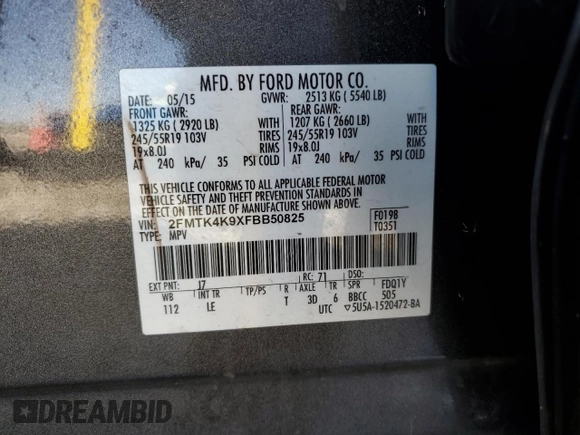 2015 Ford Edge Titanium z VIN 2FMTK4K9XFBB50825, wystawiony jako Copart lot #52034965 z przebiegiem 92 029 mil mil oraz Nie do naprawy • Non repairable. Historia ofert i sprzedaży dostępna na DreamBid. Obrazek 13.