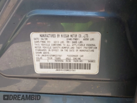 2008 Infiniti G35 Journey with VIN JNKBV61E58M221541, listed as a IAAI auction lot 42341138 with 183,587 mi miles and . Bid and sale history available at DreamBid. Image 9.