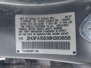 2008 Honda Civic Sdn EX with VIN 2HGFA15838H303858, listed as a IAAI auction lot 41361141 with 163,990 mi miles. Bid and sale history available at carsss.com. Image 9.