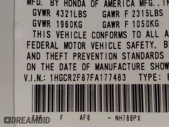 2015 Honda Accord EX-L with VIN 1HGCR2F87FA177483, listed as a IAAI auction lot 42230041 with 161,925 mi miles and . Bid and sale history available at DreamBid. Image 9.