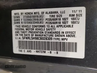 2012 Honda Odyssey Touring with VIN 5FNRL5H98CB028309, listed as a Copart auction lot 57663485 with 233,921 mi miles and Salvage title. Bid and sale history available at DreamBid. Image 13.