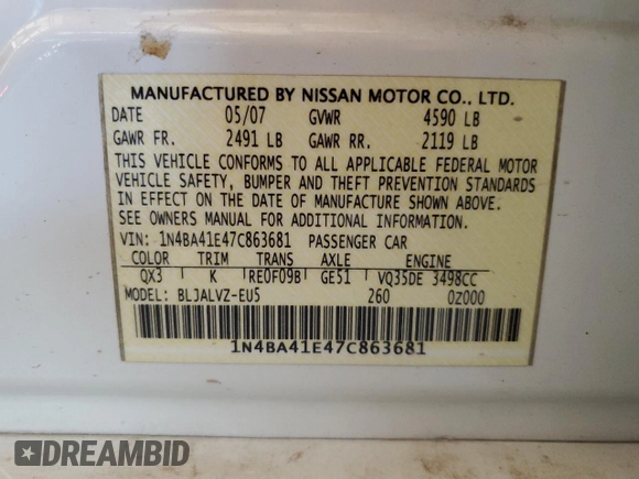 2007 Nissan Maxima 3.5 SE with VIN 1N4BA41E47C863681, listed as a Copart auction lot 75890304 with 113,137 mi miles and Salvage Title. Bid and sale history available at carsss.com. Image 14.