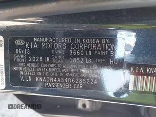 2013 Kia Rio EX with VIN KNADN4A34D6285224, listed as a IAAI auction lot 42790230 with 108,071 mi miles and . Bid and sale history available at DreamBid. Image 9.