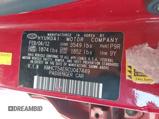 2012 Hyundai Accent GS with VIN KMHCT5AE9CU047449, listed as a IAAI auction lot 42667846 with 117,276 mi miles and . Bid and sale history available at DreamBid. Image 9.