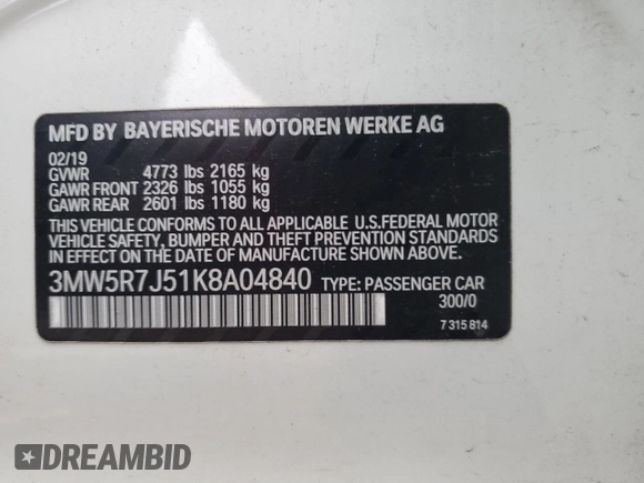 2019 BMW 3 Series 330i xDrive with VIN 3MW5R7J51K8A04840, listed as a Copart auction lot 85679214 with Not Provided miles and Non Repairable. Bid and sale history available at DreamBid. Image 14.