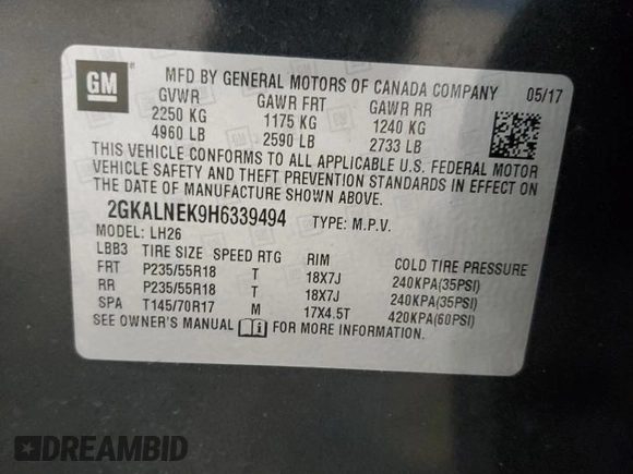 2017 GMC Terrain SLE z VIN 2GKALNEK9H6339494, wystawiony jako Copart lot #82043764 z przebiegiem 59 495 mil mil oraz Szkoda całkowita • Salvage title. Historia ofert i sprzedaży dostępna na DreamBid. Obrazek 14.