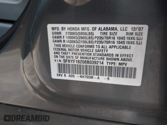 2008 Honda Pilot VP with VIN 5FNYF18208B039214, listed as a IAAI auction lot 42198076 with 212,159 mi miles and . Bid and sale history available at DreamBid. Image 9.