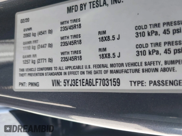 2020 Tesla Model 3 Standard Range Plus z VIN 5YJ3E1EA6LF703159, wystawiony jako IAAI lot #42099718 z przebiegiem 30 175 mil mil oraz . Historia ofert i sprzedaży dostępna na DreamBid. Obrazek 9.