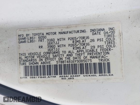 2000 Toyota Tundra Limited with VIN 5TBBT4816YS085075, listed as a IAAI auction lot 41413494 with 66,293 mi miles and . Bid and sale history available at DreamBid. Image 9.