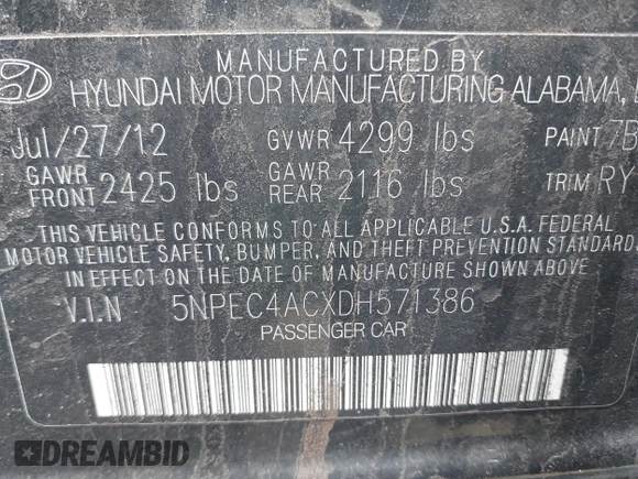 2013 Hyundai Sonata Limited with VIN 5NPEC4ACXDH571386, listed as a IAAI auction lot 41882922 with 254,912 mi miles and . Bid and sale history available at carsss.com. Image 9.