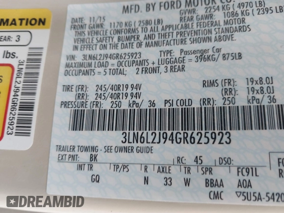 2016 Lincoln MKZ with VIN 3LN6L2J94GR625923, listed as a IAAI auction lot 41144427 with 120,567 mi miles and . Bid and sale history available at DreamBid. Image 9.
