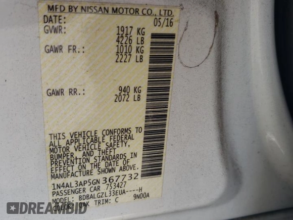 2016 Nissan Altima S with VIN 1N4AL3AP5GN367732, listed as a Copart auction lot 63015075 with 76,406 mi miles and Salvage title. Bid and sale history available at DreamBid. Image 12.