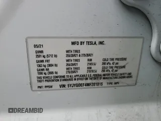 2021 Tesla Model Y Performance with VIN 5YJYGDEF4MF201815, listed as a Copart auction lot 42453075 with 76,888 mi miles and Salvage Title. Bid and sale history available at DreamBid. Image 16.