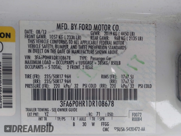 2013 Ford Fusion SE with VIN 3FA6P0HR1DR108678, listed as a IAAI auction lot 42028440 with 105,455 mi miles. Bid and sale history available at carsss.com. Image 9.