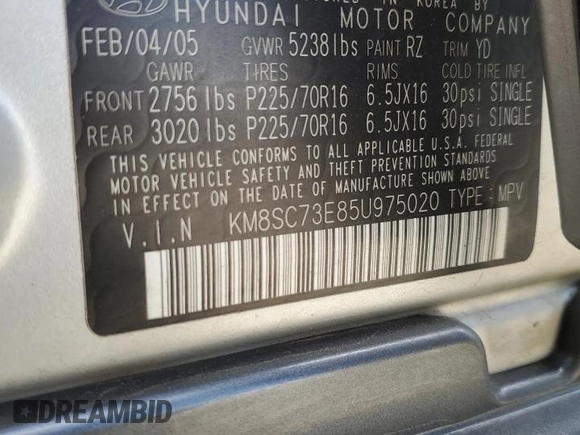 2005 Hyundai Santa Fe GLS с VIN KM8SC73E85U975020, выставлен на аукционе Copart как лот 60939385 с пробегом 111 813 миль миль и Списание • Salvage title. История ставок и продаж доступна на DreamBid. Изображение 14.