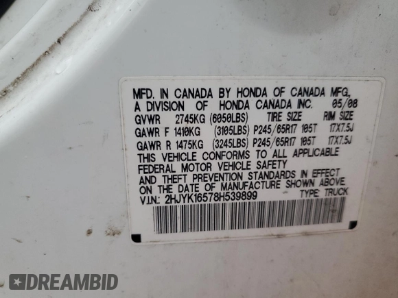 2008 Honda Ridgeline RTL z VIN 2HJYK16578H539899, wystawiony jako Copart lot #54323465 z przebiegiem Nie podano mil oraz Nie do naprawy • Non repairable. Historia ofert i sprzedaży dostępna na DreamBid. Obrazek 12.