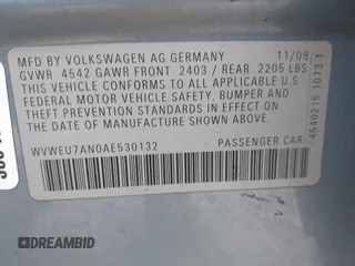 2010 Volkswagen CC with VIN WVWEU7AN0AE530132, listed as a IAAI auction lot 41342371 with 132,001 mi miles and . Bid and sale history available at DreamBid. Image 9.