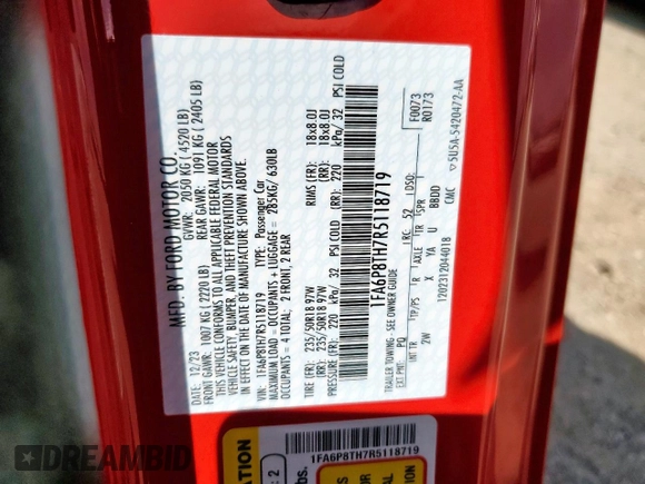 2024 Ford Mustang EcoBoost с VIN 1FA6P8TH7R5118719, выставлен на аукционе Copart как лот 59622685 с пробегом 1 760 миль миль и Списание • Salvage title. История ставок и продаж доступна на DreamBid. Изображение 12.