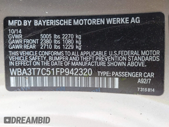 2015 BMW 4 Series 435i xDrive with VIN WBA3T7C51FP942320, listed as a IAAI auction lot 42059717 with 81,815 mi miles and . Bid and sale history available at DreamBid. Image 9.