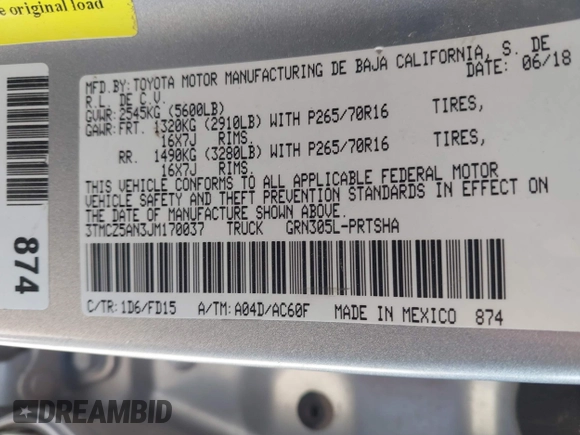 2018 Toyota Tacoma SR with VIN 3TMCZ5AN3JM170037, listed as a IAAI auction lot 42565385 with 157,450 mi miles and . Bid and sale history available at DreamBid. Image 9.