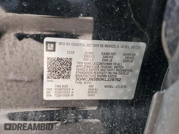 2019 Chevrolet Trax LS with VIN 3GNCJNSB0KL228762, listed as a Copart auction lot 50325225 with 70,150 mi miles and Salvage Title. Bid and sale history available at carsss.com. Image 15.