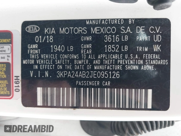 2018 Kia Rio LX with VIN 3KPA24AB2JE095126, listed as a IAAI auction lot 41954261 with 50,590 mi miles. Bid and sale history available at carsss.com. Image 9.