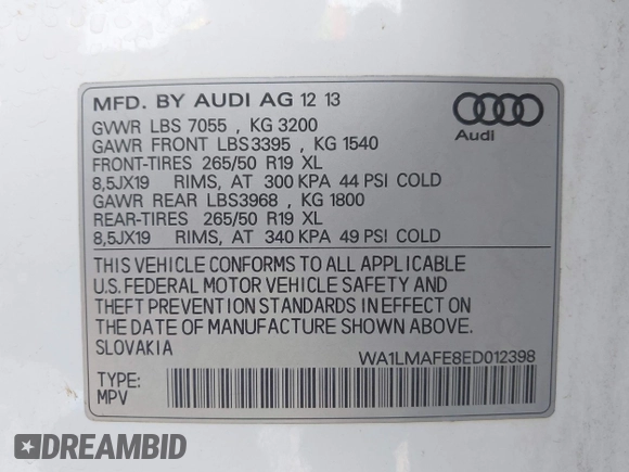 2014 Audi Q7 Premium Plus with VIN WA1LMAFE8ED012398, listed as a IAAI auction lot 42276962 with 131,012 mi miles and . Bid and sale history available at DreamBid. Image 9.