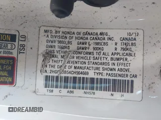 2012 Honda Civic Cpe LX with VIN 2HGFG3B54CH564669, listed as a IAAI auction lot 41680165 with 82,502 mi miles. Bid and sale history available at carsss.com. Image 9.