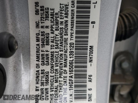 2006 Honda Civic LX z VIN 1HGFA16506L139120, wystawiony jako Copart lot #58874925 z przebiegiem 147 123 mil mil oraz Szkoda całkowita • Salvage title. Historia ofert i sprzedaży dostępna na DreamBid. Obrazek 12.