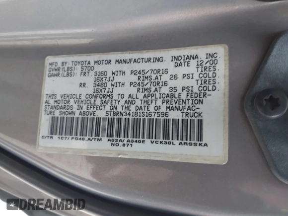 2001 Toyota Tundra SR5 with VIN 5TBRN34181S167596, listed as a IAAI auction lot 41563622 with Not Provided miles and . Bid and sale history available at DreamBid. Image 9.